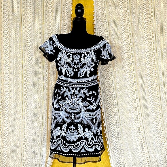 INC International Concepts Sheer Black with White Embroidery Mini Dress Size M - Picture 1 of 11